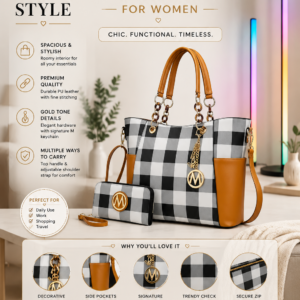 MKF Collection tote bag for women featuring vegan leather construction, matching wallet, gold-tone hardware, and stylish checkered design.