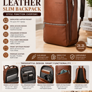 Samsonite Classic Leather Slim Backpack featuring a premium leather finish, dedicated laptop compartment, organizer pockets, and professional business design.
