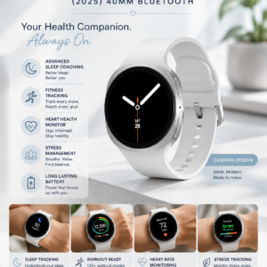 Samsung Galaxy Watch 8 40mm Bluetooth smartwatch featuring GPS fitness tracking, sleep coaching, heart rate monitoring, and lightweight silver design.