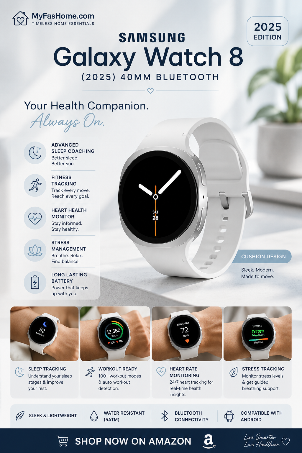 Samsung Galaxy Watch 8 (2025) Samsung Galaxy Watch 8 40mm Bluetooth smartwatch featuring GPS fitness tracking, sleep coaching, heart rate monitoring, and lightweight silver design.