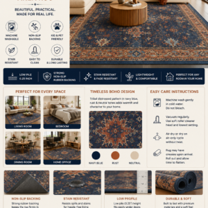 Washable navy blue area rug featuring a tribal boho pattern, non-slip backing, stain resistance, and stylish home decor design.