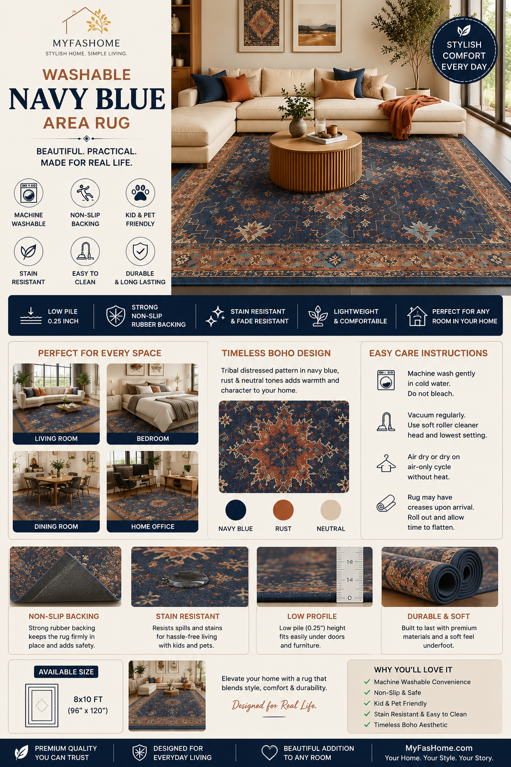Washable Navy Blue Area Rug 8x10 Washable navy blue area rug featuring a tribal boho pattern, non-slip backing, stain resistance, and stylish home decor design.