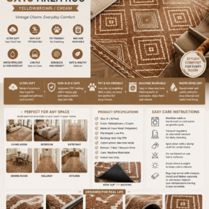 Machine washable tribal area rug featuring a western geometric pattern, non-slip backing, faux wool comfort, and stain-resistant construction.