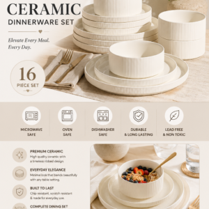 Ceramic dinnerware set for 4 featuring beige porcelain plates and bowls with a modern ribbed design.