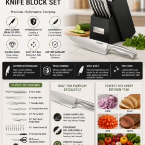 Cuisinart 15-piece stainless steel knife block set featuring chef knives, steak knives, kitchen shears, and wooden storage block.
