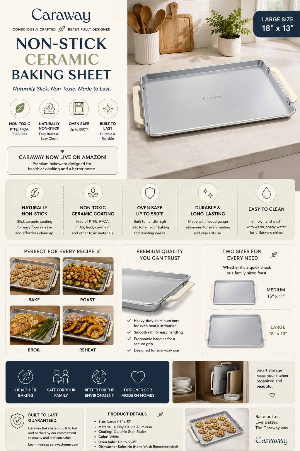 Caraway Non-Stick Ceramic Baking Sheet Caraway non-stick ceramic baking sheet featuring non-toxic coating, large baking surface, and modern bakeware design.