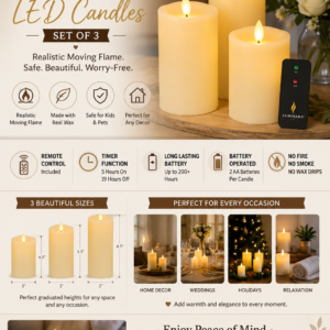 Luminara flameless LED pillar candles set featuring realistic moving flames, remote control, timer function, and elegant ivory wax design.