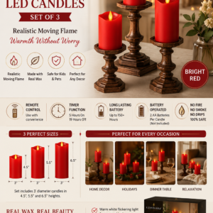 Luminara red flameless LED candle set featuring realistic moving flames, real wax construction, melted edge finish, and battery-operated functionality.