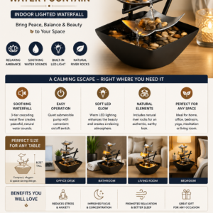 Homedics tabletop water fountain with cascading waterfall design, LED lighting, natural river rocks, and relaxing indoor zen decor.