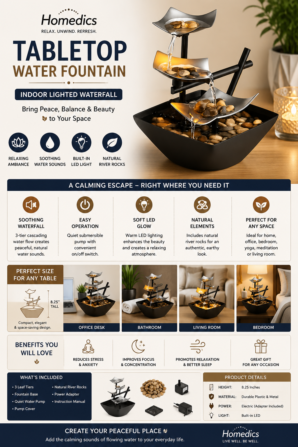 Homedics Indoor Tabletop Water Fountain Homedics tabletop water fountain with cascading waterfall design, LED lighting, natural river rocks, and relaxing indoor zen decor.