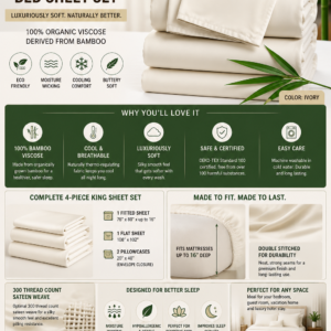 Pure Bamboo king bed sheet set made from 100% organic bamboo viscose featuring cooling comfort, luxurious softness, and breathable ivory bedding.