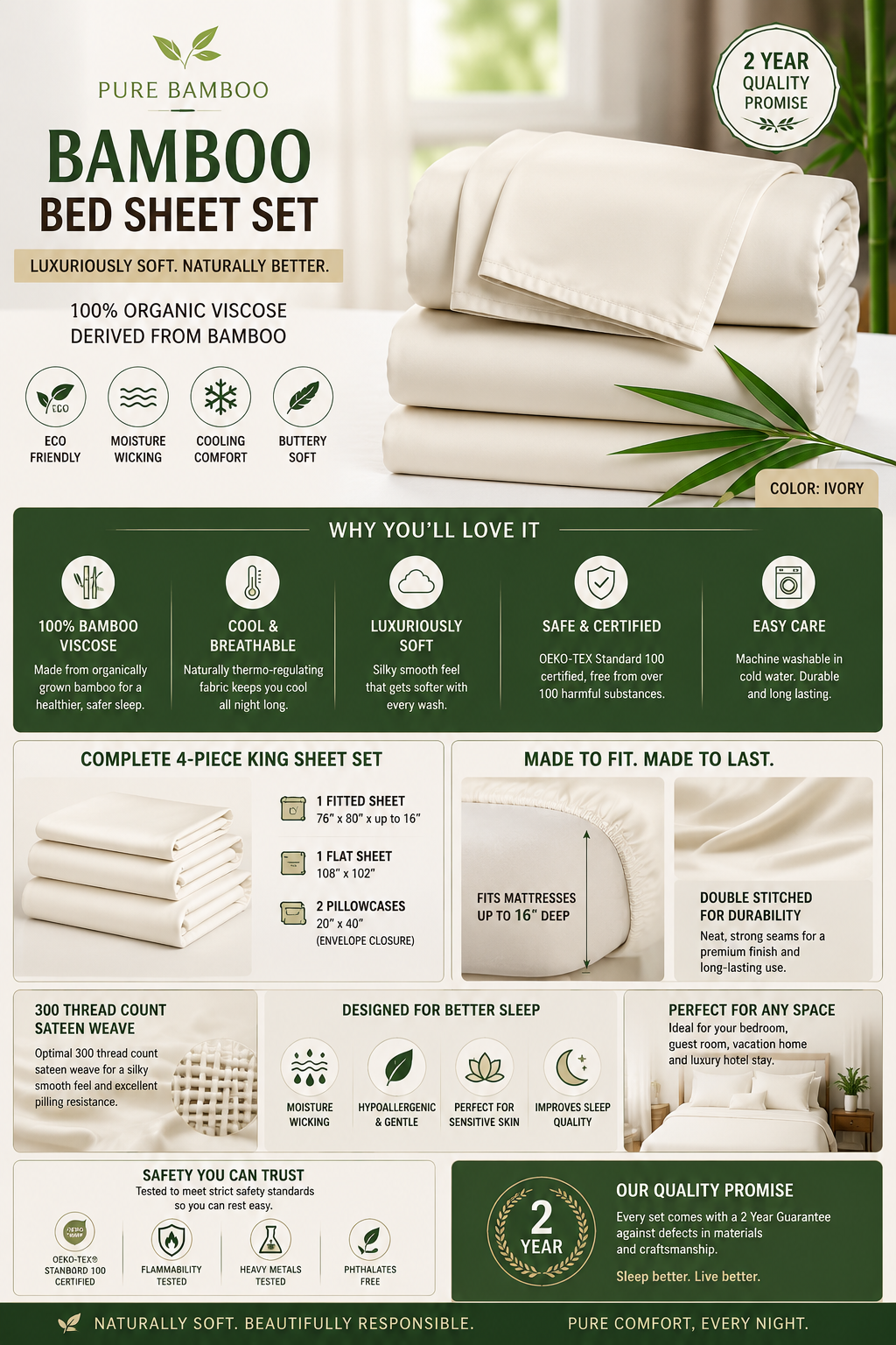 Pure Bamboo King Bed Sheet Set Pure Bamboo king bed sheet set made from 100% organic bamboo viscose featuring cooling comfort, luxurious softness, and breathable ivory bedding.