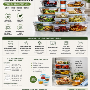 Razab 35-piece glass food storage container set with airtight lids, meal prep containers, and leak-proof BPA-free design.