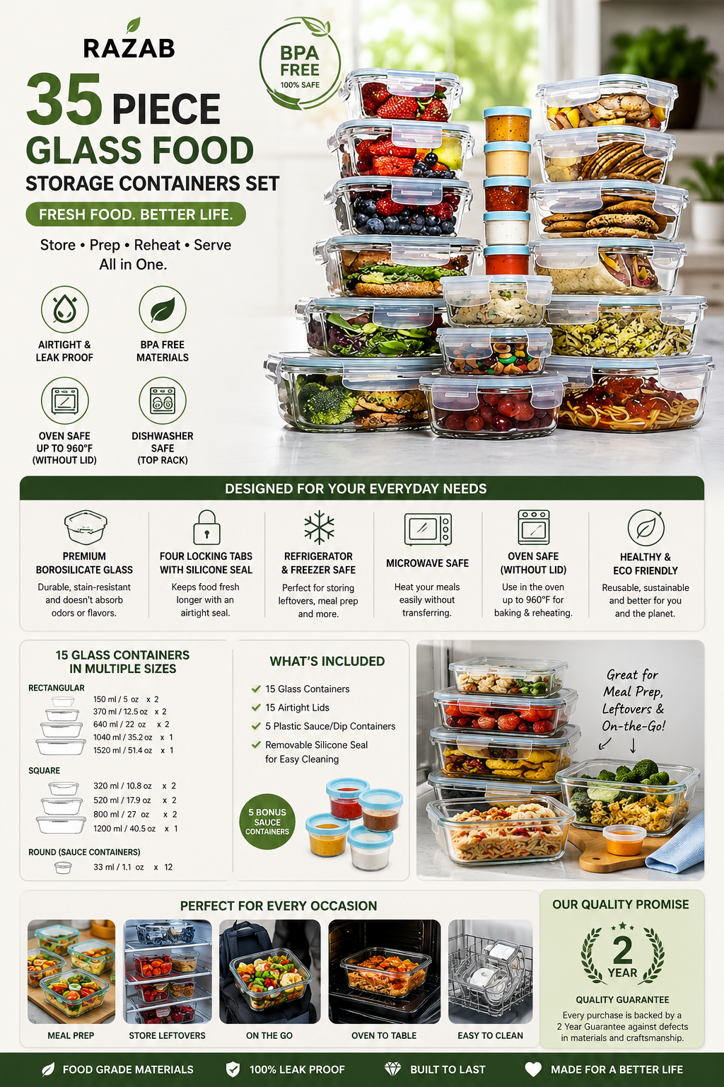 Razab Glass Food Storage Containers Set Razab 35-piece glass food storage container set with airtight lids, meal prep containers, and leak-proof BPA-free design.