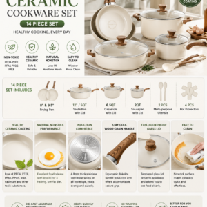 SENSARTE 14-piece ceramic cookware set featuring non-stick pots, frying pans, tempered glass lids, and induction-compatible cookware.
