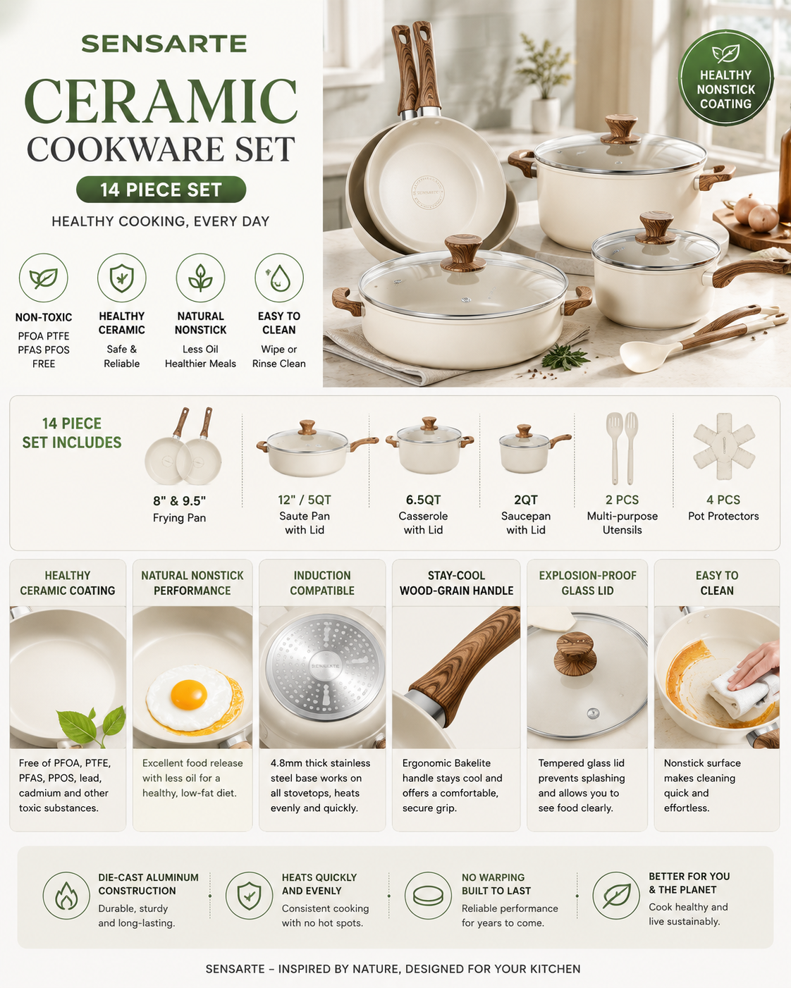 SENSARTE Ceramic Cookware Set SENSARTE 14-piece ceramic cookware set featuring non-stick pots, frying pans, tempered glass lids, and induction-compatible cookware.