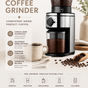 Ollygrin electric burr coffee grinder with stainless steel conical burr, adjustable grind settings, and coffee bean hopper.