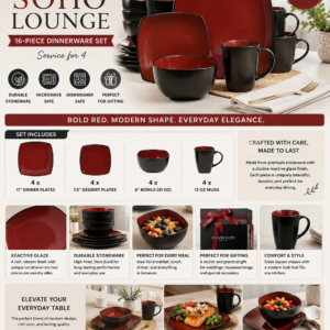Gibson Elite Soho Lounge 16-piece stoneware dinnerware set with reactive glaze, square plates, bowls, and mugs in red and black.