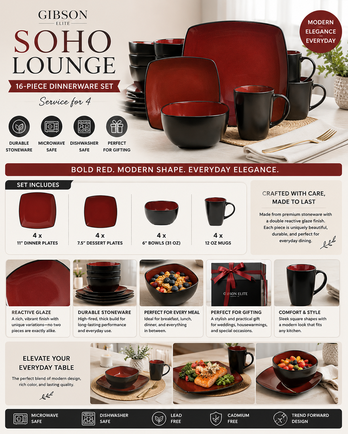 Gibson Elite Soho Lounge Dinnerware Set Gibson Elite Soho Lounge 16-piece stoneware dinnerware set with reactive glaze, square plates, bowls, and mugs in red and black.