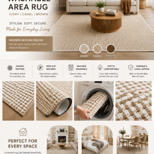 KOZYFLY washable 5x7 braided cotton area rug featuring non-slip backing and neutral ivory, camel, and brown woven design.