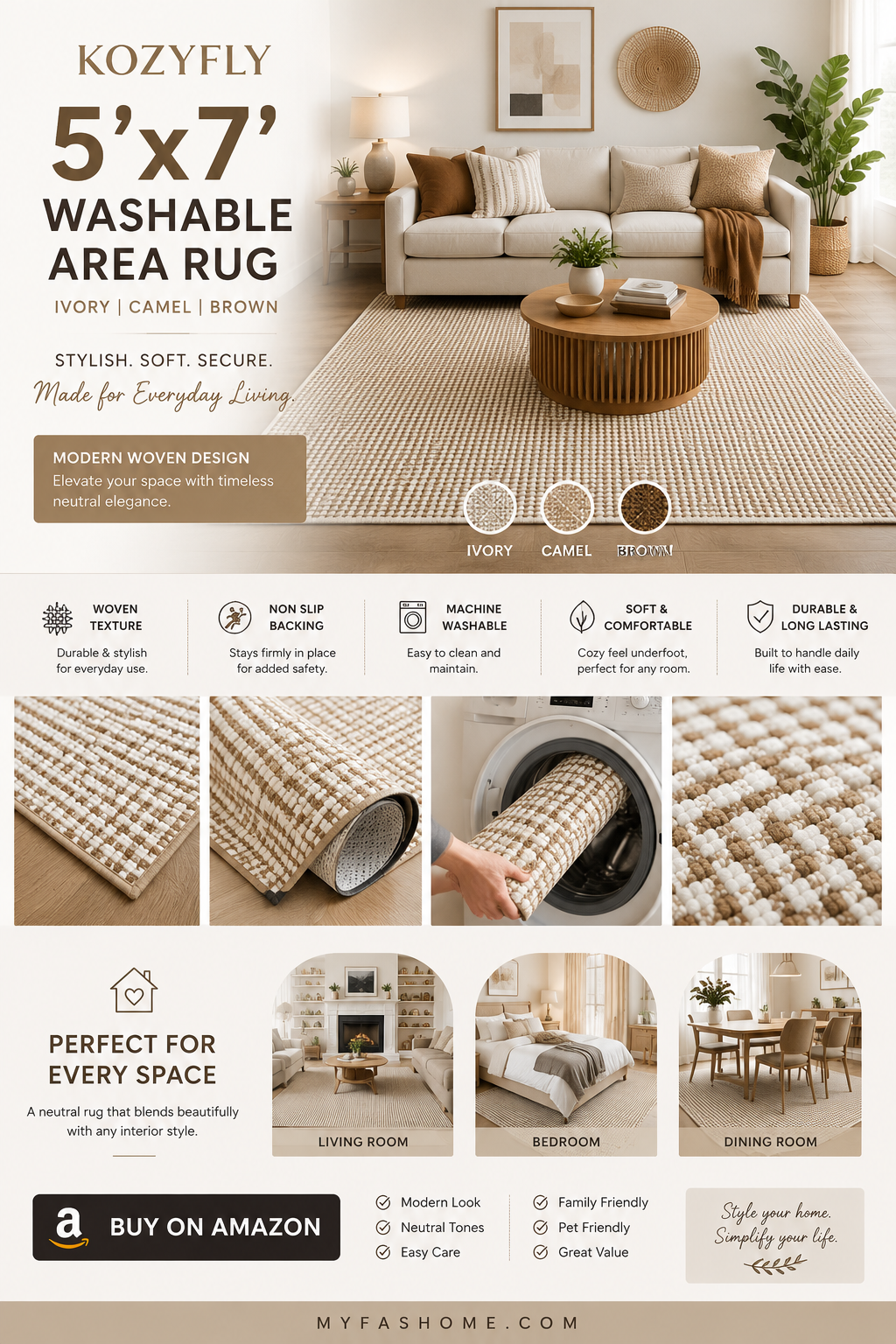 KOZYFLY 5x7 Washable Area Rug KOZYFLY washable 5x7 braided cotton area rug featuring non-slip backing and neutral ivory, camel, and brown woven design.