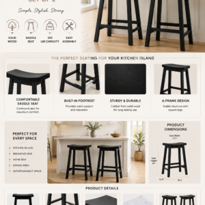 Amazon Basics solid wood counter height bar stool set featuring black saddle seats, sturdy A-frame legs, and built-in footrests.