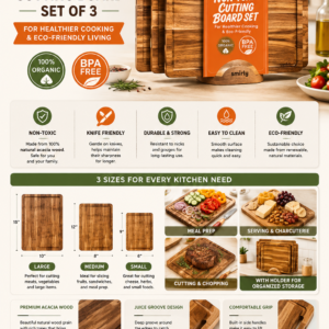 SMIRLY acacia wood cutting board set featuring three premium wooden chopping boards with storage holder.