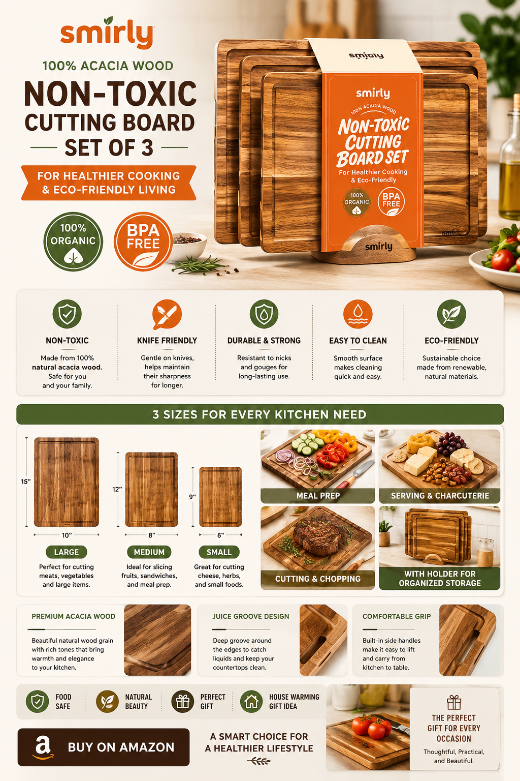 SMIRLY Acacia Wood Cutting Board Set SMIRLY acacia wood cutting board set featuring three premium wooden chopping boards with storage holder.
