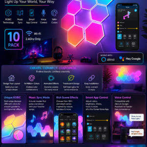 Govee Glide Hexa RGBIC smart LED wall light panels with customizable hexagon design, app control, and music sync.