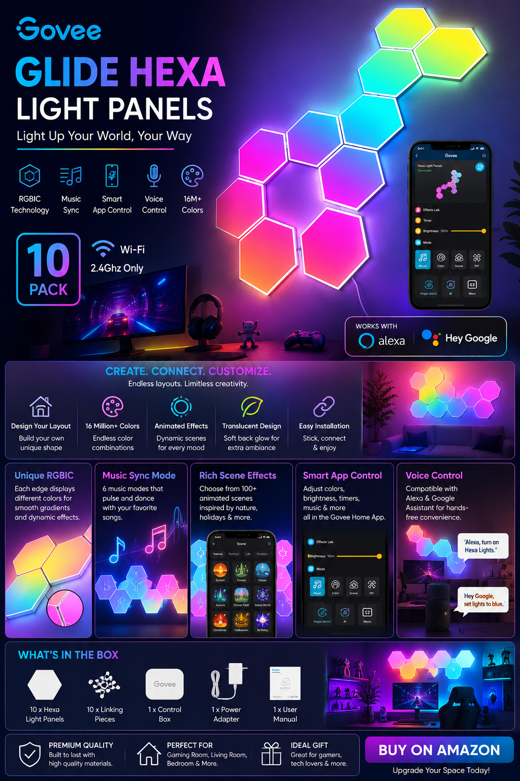 Govee Glide Hexa Light Panels Govee Glide Hexa RGBIC smart LED wall light panels with customizable hexagon design, app control, and music sync.