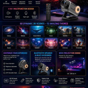 Rossetta 3D Galaxy Projector with HD star projection, Bluetooth speaker, remote control, and colorful galaxy lighting effects.