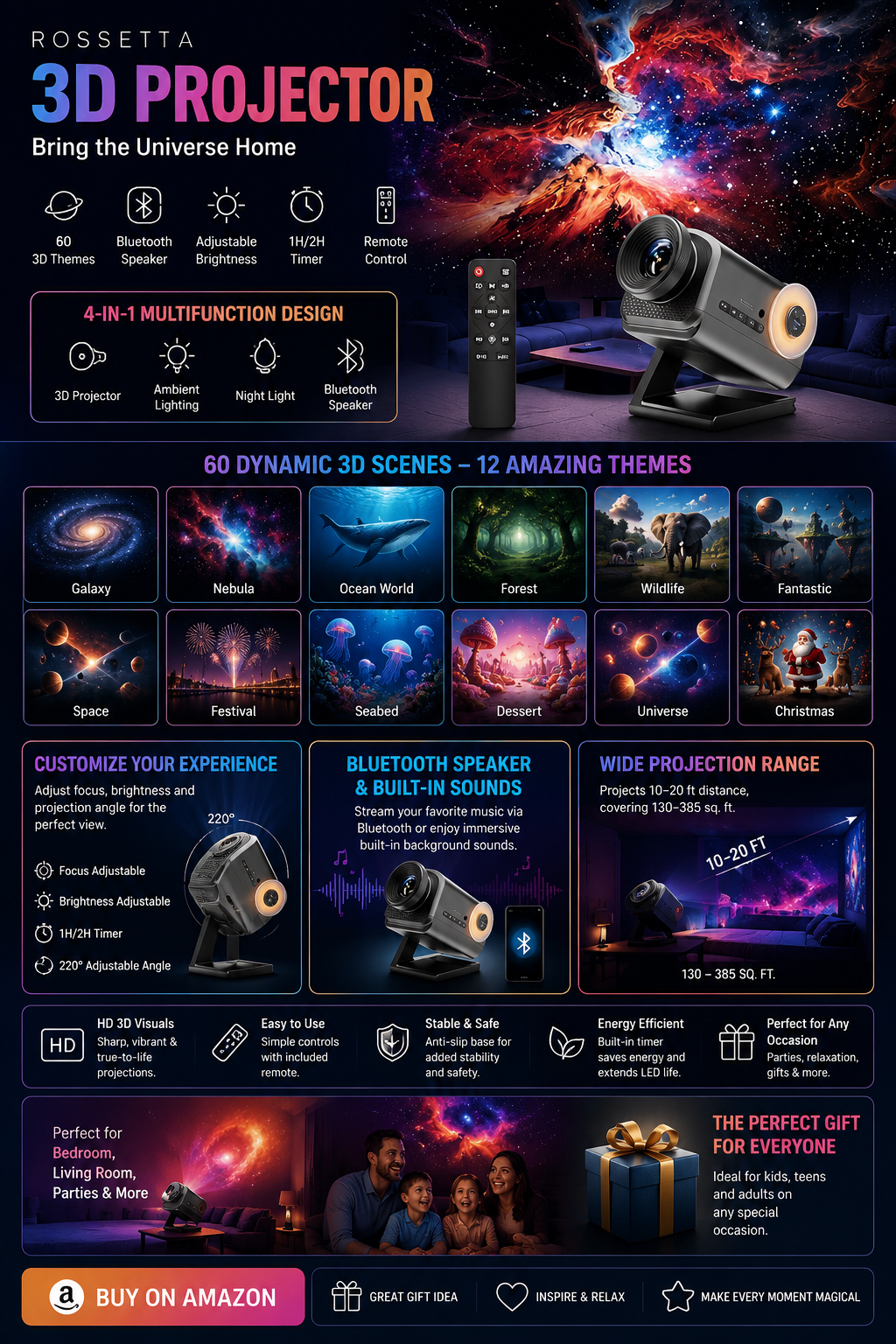 Rossetta 3D Galaxy Projector Rossetta 3D Galaxy Projector with HD star projection, Bluetooth speaker, remote control, and colorful galaxy lighting effects.