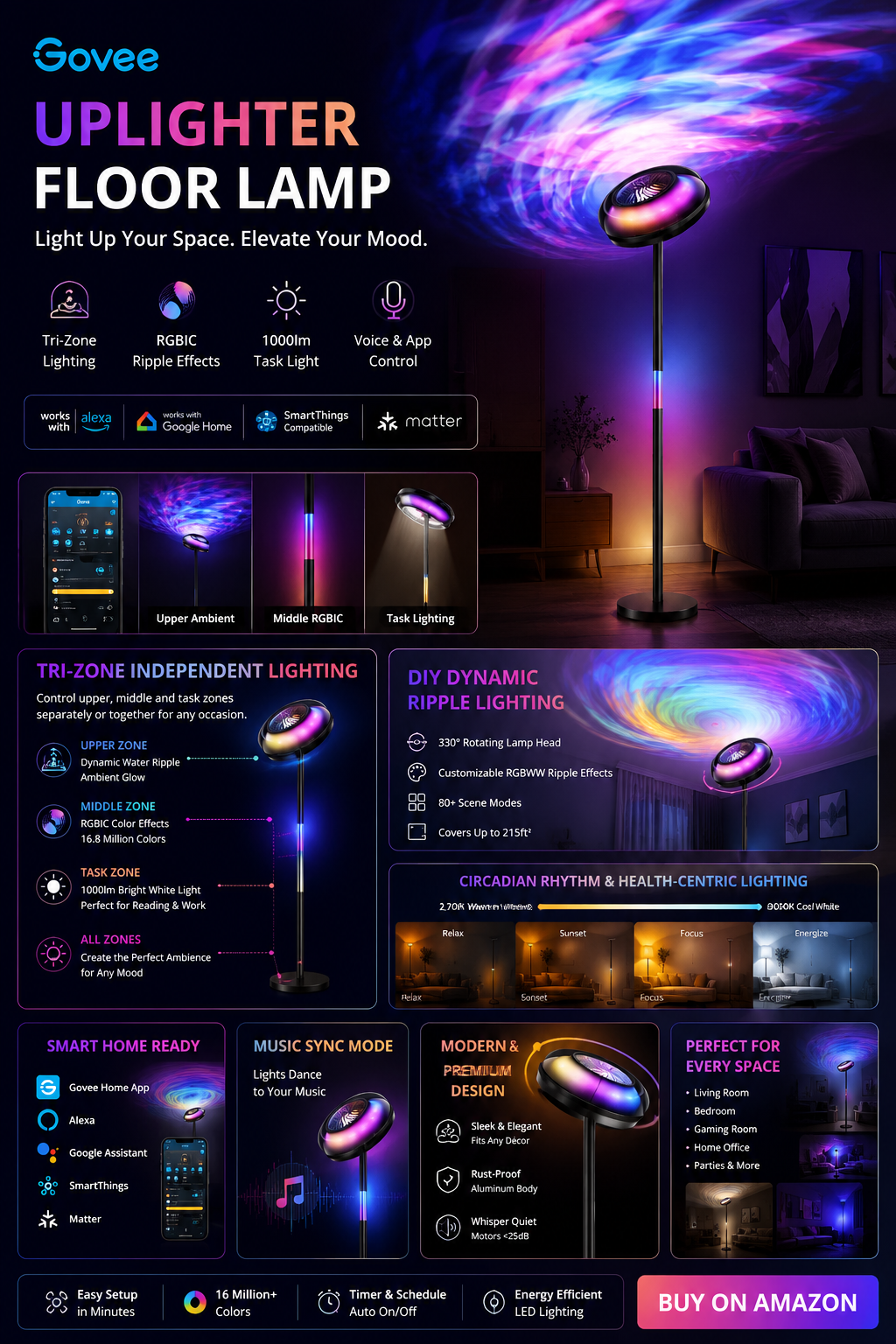 Govee Uplighter Floor Lamp Govee Uplighter RGBIC smart floor lamp with ripple projector, colorful ambient lighting, and Alexa-compatible smart controls.