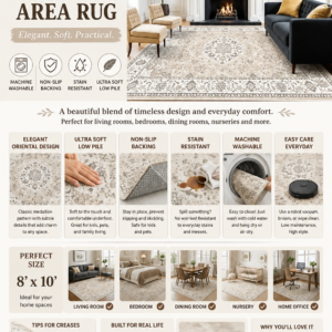 Beige 8x10 washable oriental area rug with non-slip backing and soft low-pile design for living room décor.