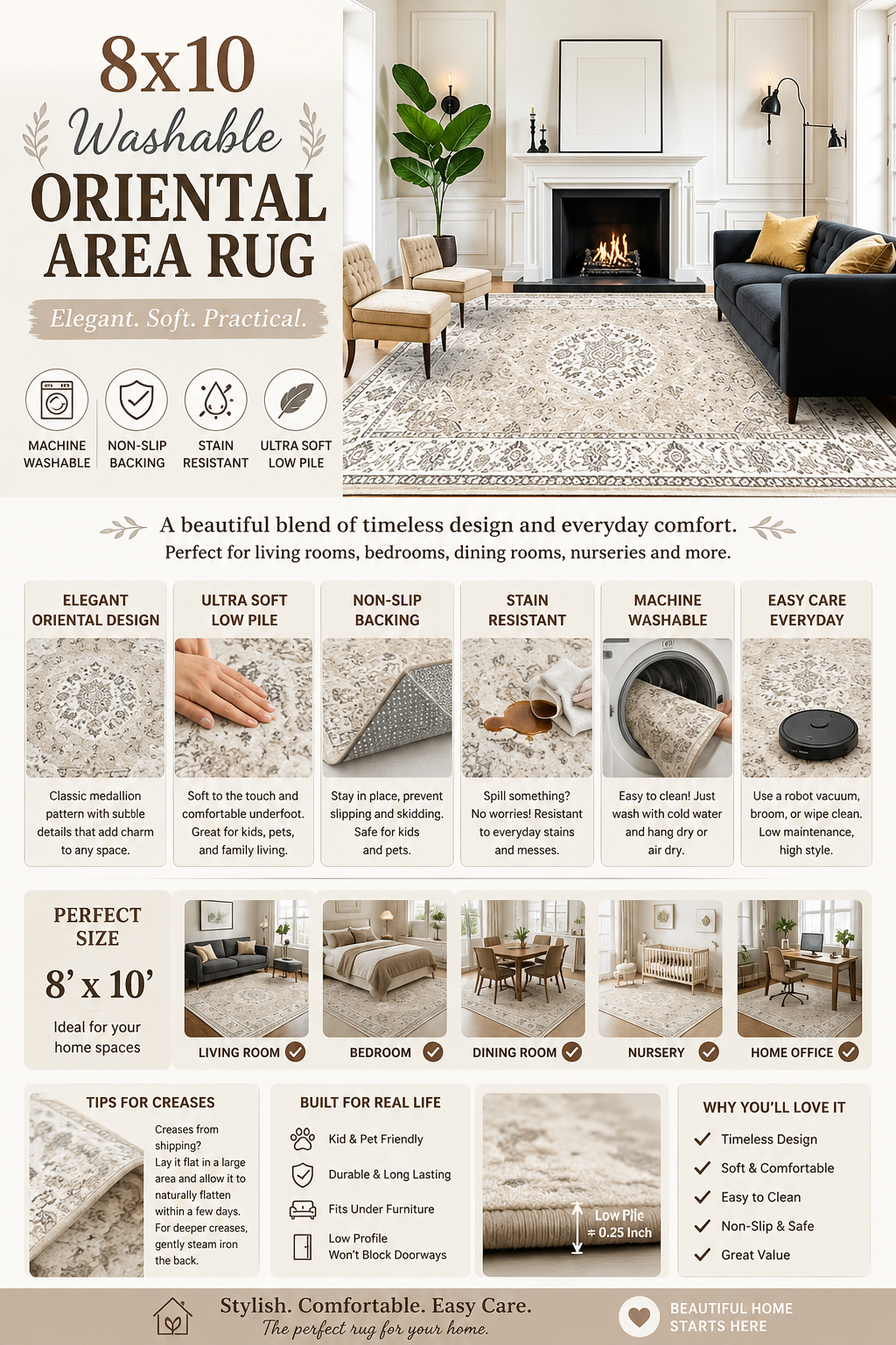 8x10 Washable Oriental Area Rug Beige 8x10 washable oriental area rug with non-slip backing and soft low-pile design for living room décor.
