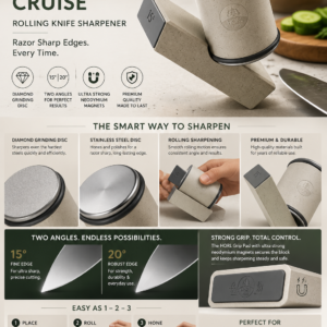 HORL 3 Cruise rolling knife sharpener with diamond grinding disc, stainless steel honing disc, and magnetic angle guide.