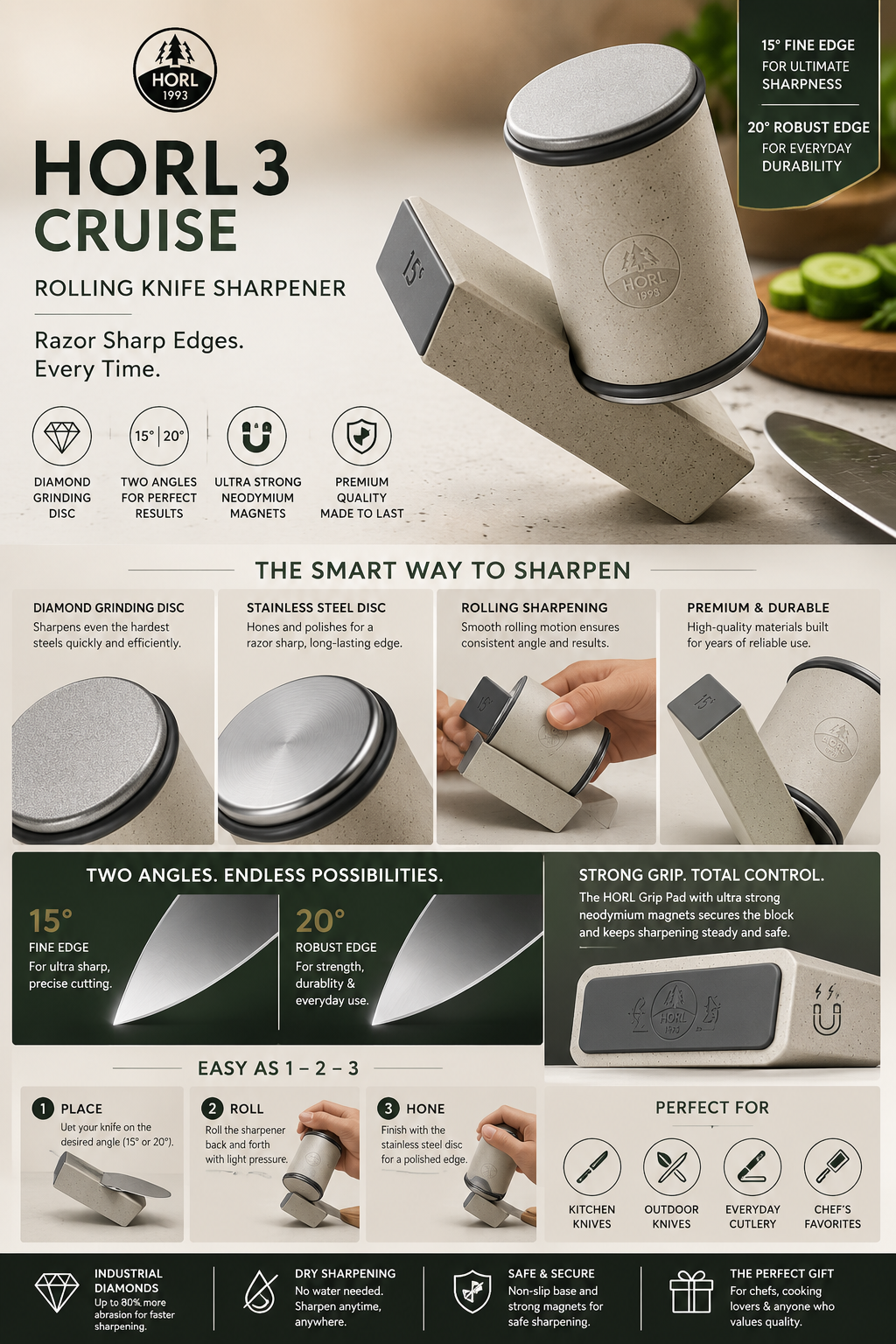 HORL 3 Cruise Rolling Knife Sharpener HORL 3 Cruise rolling knife sharpener with diamond grinding disc, stainless steel honing disc, and magnetic angle guide.