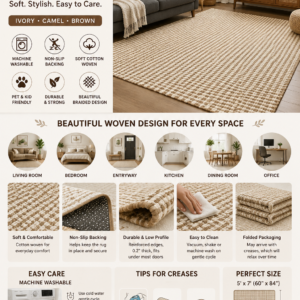 KOZYFLY washable braided 5x7 area rug in ivory, camel, and brown with non-slip backing for living room, bedroom, entryway, kitchen, and office décor.