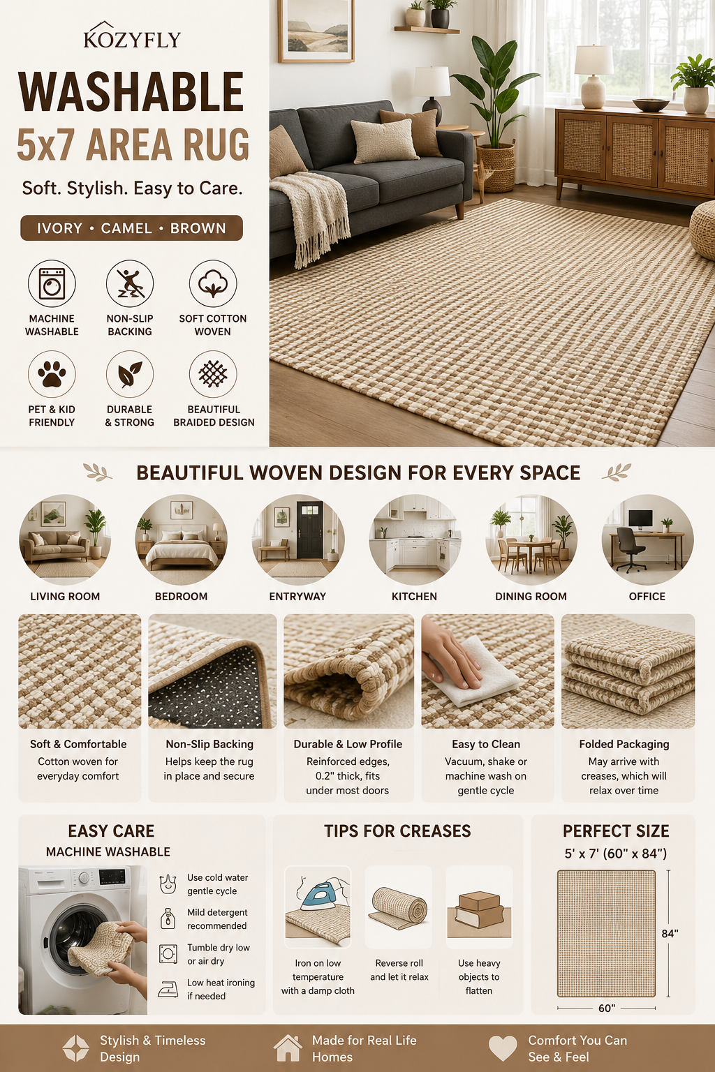KOZYFLY Washable 5x7 Living Room Rug – Non-Slip Braided Cotton Area Rug KOZYFLY washable braided 5x7 area rug in ivory, camel, and brown with non-slip backing for living room, bedroom, entryway, kitchen, and office décor.