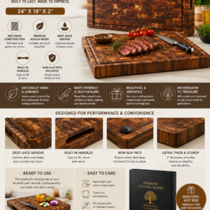 Premium thick end grain acacia wood cutting board with deep juice groove, built-in side handles, and heavy-duty butcher block construction for meal prep, chopping, carving, and serving.