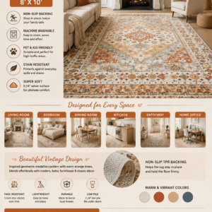 8x10 vintage washable area rug with non-slip backing, soft velvet texture, stain-resistant surface, and elegant distressed design for living room, bedroom, dining room, and home décor.