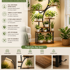 Modern 8-tier indoor plant stand with full-spectrum LED grow lights, S-shaped metal frame, wooden shelves, and multiple houseplants displayed in a stylish living room.
