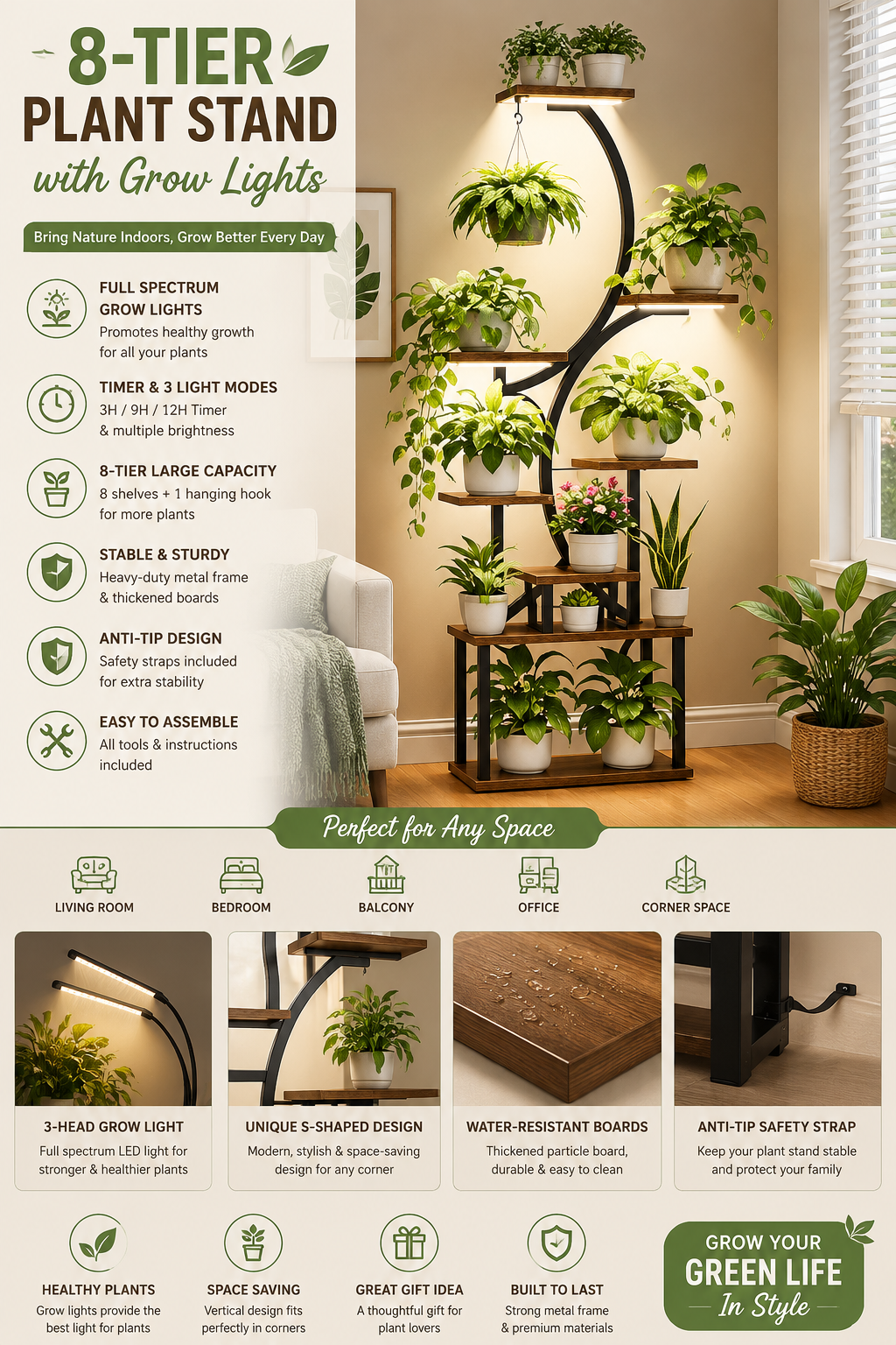 8 Tier Plant Stand with Grow Lights for Indoor Plants Modern 8-tier indoor plant stand with full-spectrum LED grow lights, S-shaped metal frame, wooden shelves, and multiple houseplants displayed in a stylish living room.