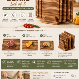 Premium SMIRLY acacia wood cutting board set featuring three wooden chopping boards with storage holder for meal preparation, serving, and charcuterie.