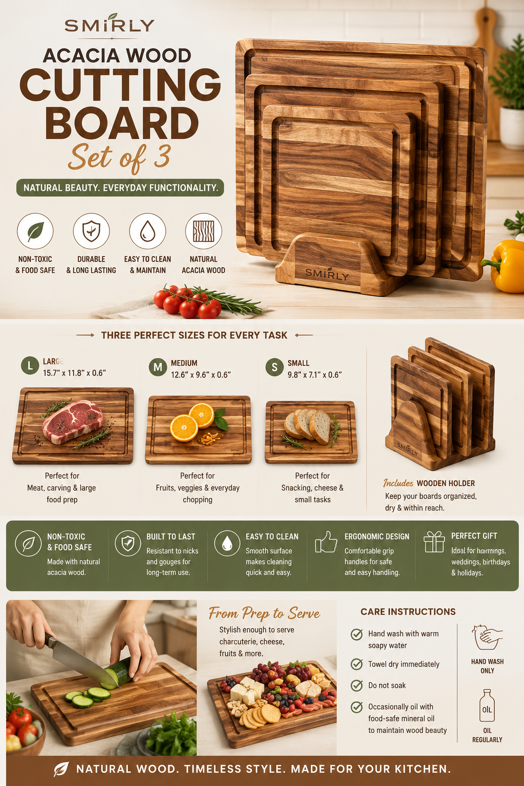 SMIRLY Acacia Wood Cutting Board Set of 3 with Holder Premium SMIRLY acacia wood cutting board set featuring three wooden chopping boards with storage holder for meal preparation, serving, and charcuterie.