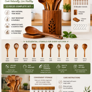 Premium 12-piece teak wooden cooking utensil set with holder, spoon rest, and kitchen tools for nonstick cookware.