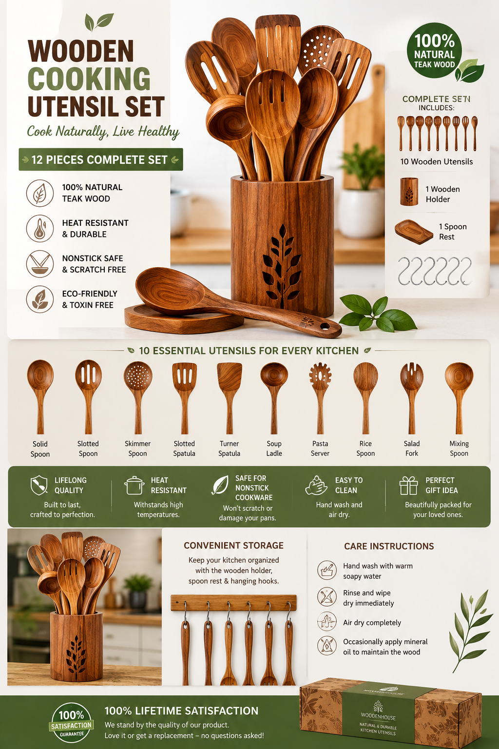 12 Piece Teak Wooden Cooking Utensil Set with Holder Premium 12-piece teak wooden cooking utensil set with holder, spoon rest, and kitchen tools for nonstick cookware.