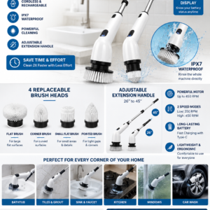 Cordless electric spin scrubber with adjustable extension handle, LCD battery display, and four interchangeable brush heads for bathroom, kitchen, floor, and tile cleaning.
