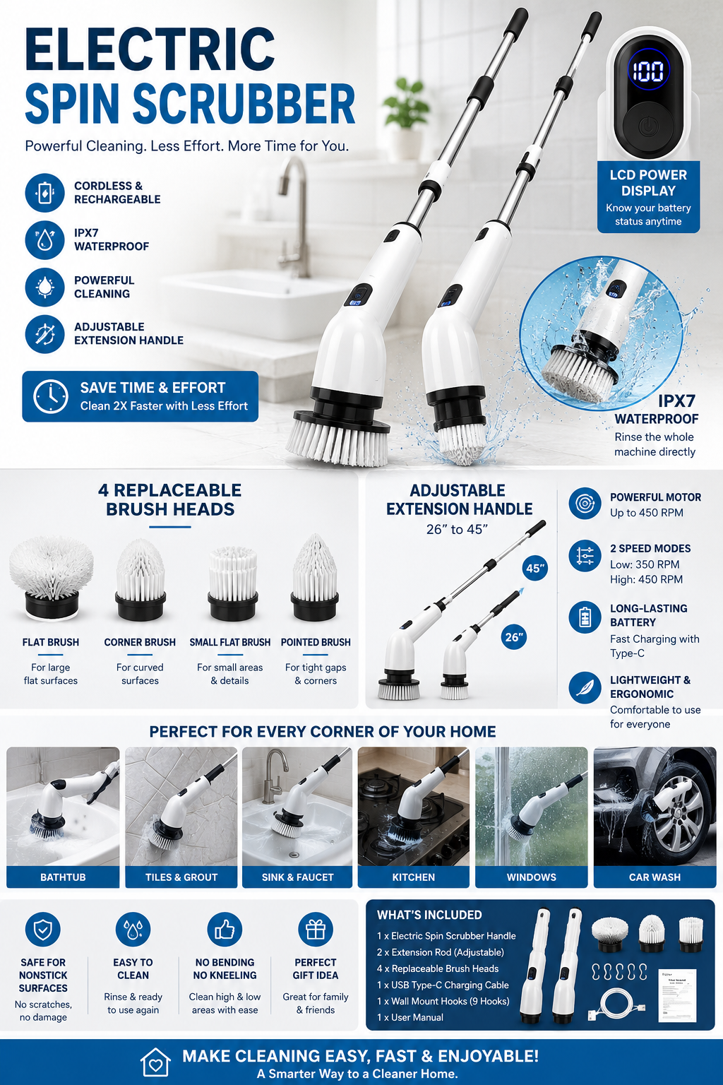 Electric Spin Scrubber Cordless Bathroom Cleaning Brush Cordless electric spin scrubber with adjustable extension handle, LCD battery display, and four interchangeable brush heads for bathroom, kitchen, floor, and tile cleaning.
