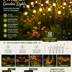 ASMAD Solar Garden Lights 12-Pack featuring waterproof swaying firefly LED lights for outdoor garden, patio, pathway, and backyard decoration.